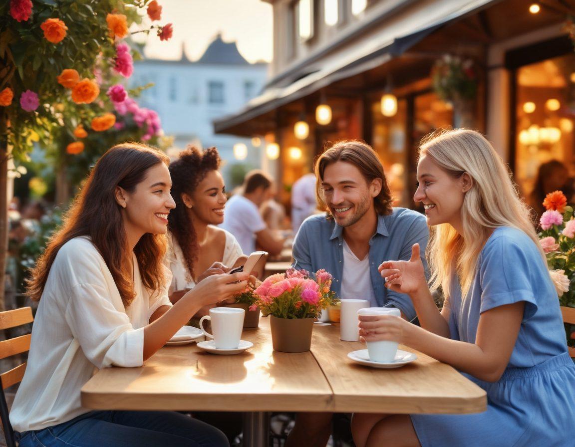 A diverse group of people engaged in friendly conversations at an outdoor café, surrounded by vibrant flowers and soft lighting. Elements like smartphones and coffee cups scattered on tables symbolize modern connections. Include a soft sunset in the background, enhancing the warm and inviting atmosphere. Romantic and friendly gestures like smiles and laughter are visible. super-realistic. vibrant colors. outdoor setting.