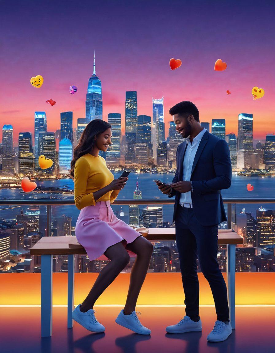 A modern couple engaging in a digital date over a vibrant city skyline at dusk, with smartphones and playful emojis floating around them. Capture the contrast between virtual elements and real emotions, showcasing both lightheartedness and intimacy. The background should feature abstract shapes symbolizing connectivity and the digital world. super-realistic. vibrant colors. 3D.