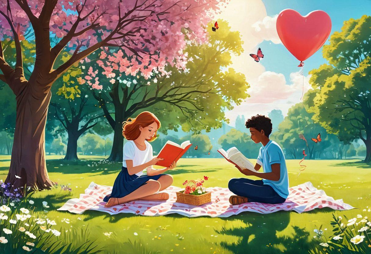 A whimsical illustration of two people enjoying a carefree picnic in a sunlit park, surrounded by blooming flowers and playful butterflies. One person is holding an open book titled 'Unlocking Love', while the other is tossing a heart-shaped balloon into the air. The scene reflects light-heartedness and joy, with a dreamy sky above. vibrant colors. cartoon-style.